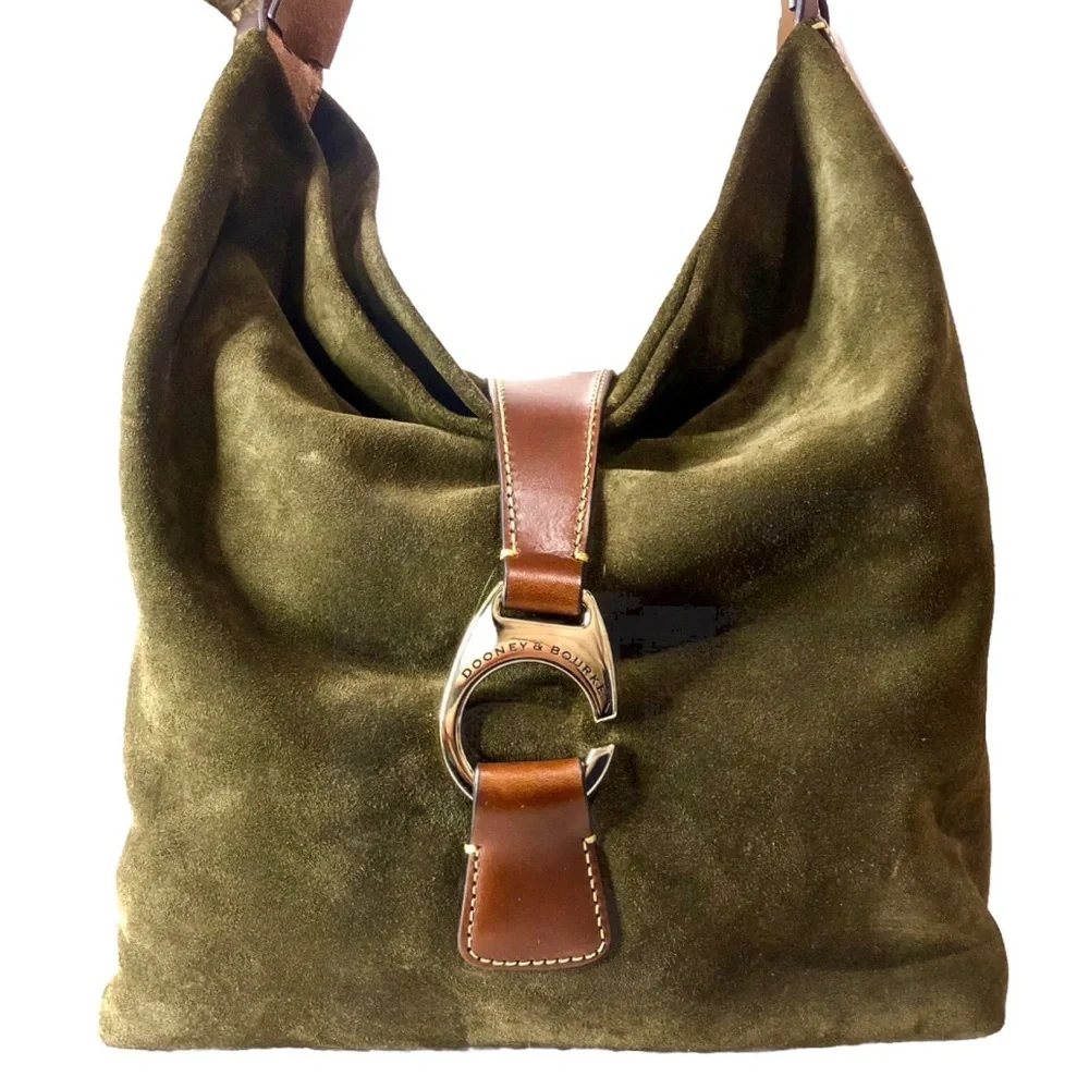 DOONEY BOURKE Olive Green Suede Hobo Bag Adjustable Brown Leather Shoulder Strap